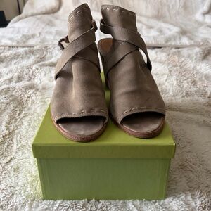 Frye Suede Open-Toe Ankle Booties in Taupe